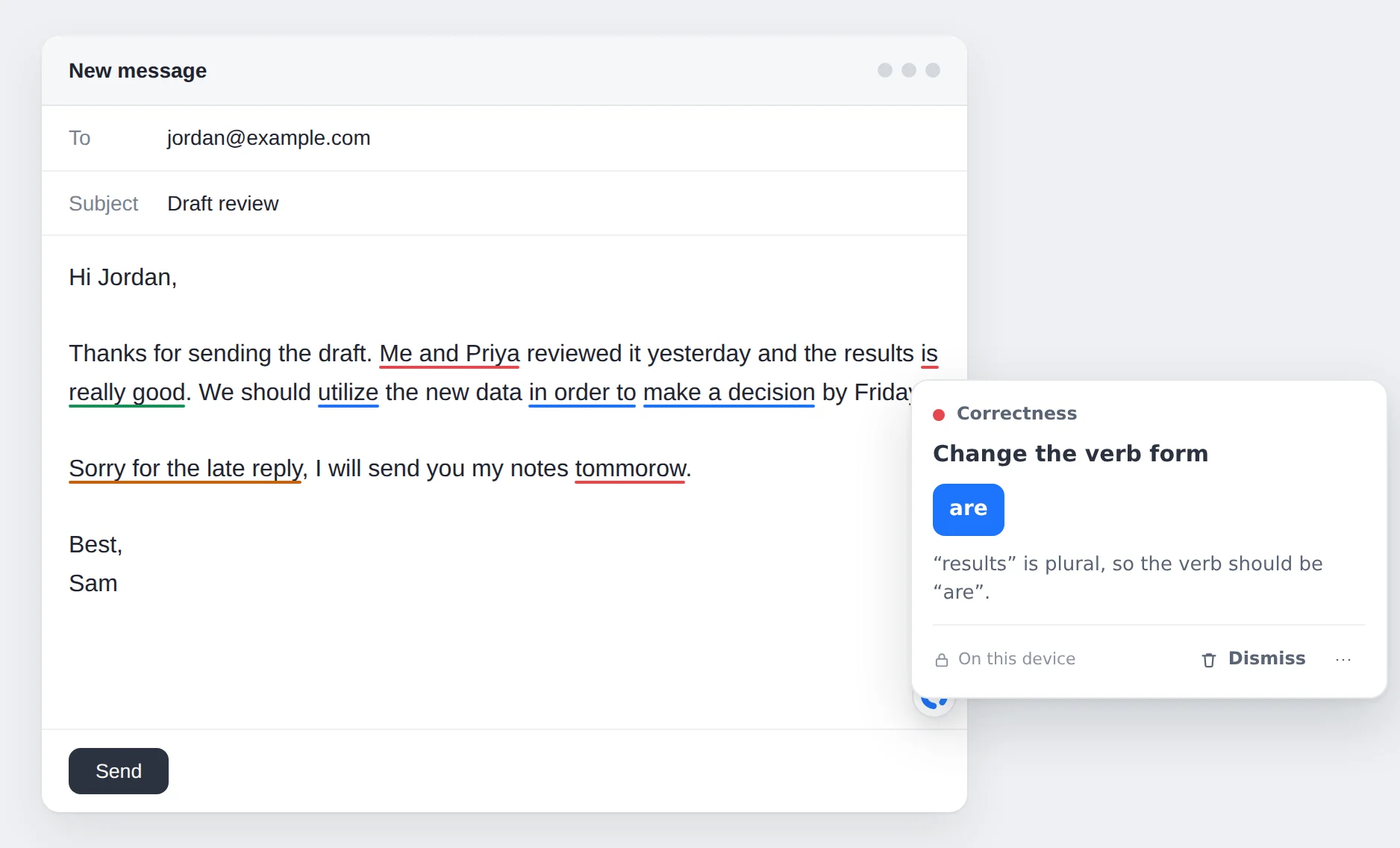 An email draft with coloured underlines. A card explains that “results” is plural and offers the fix “are”.