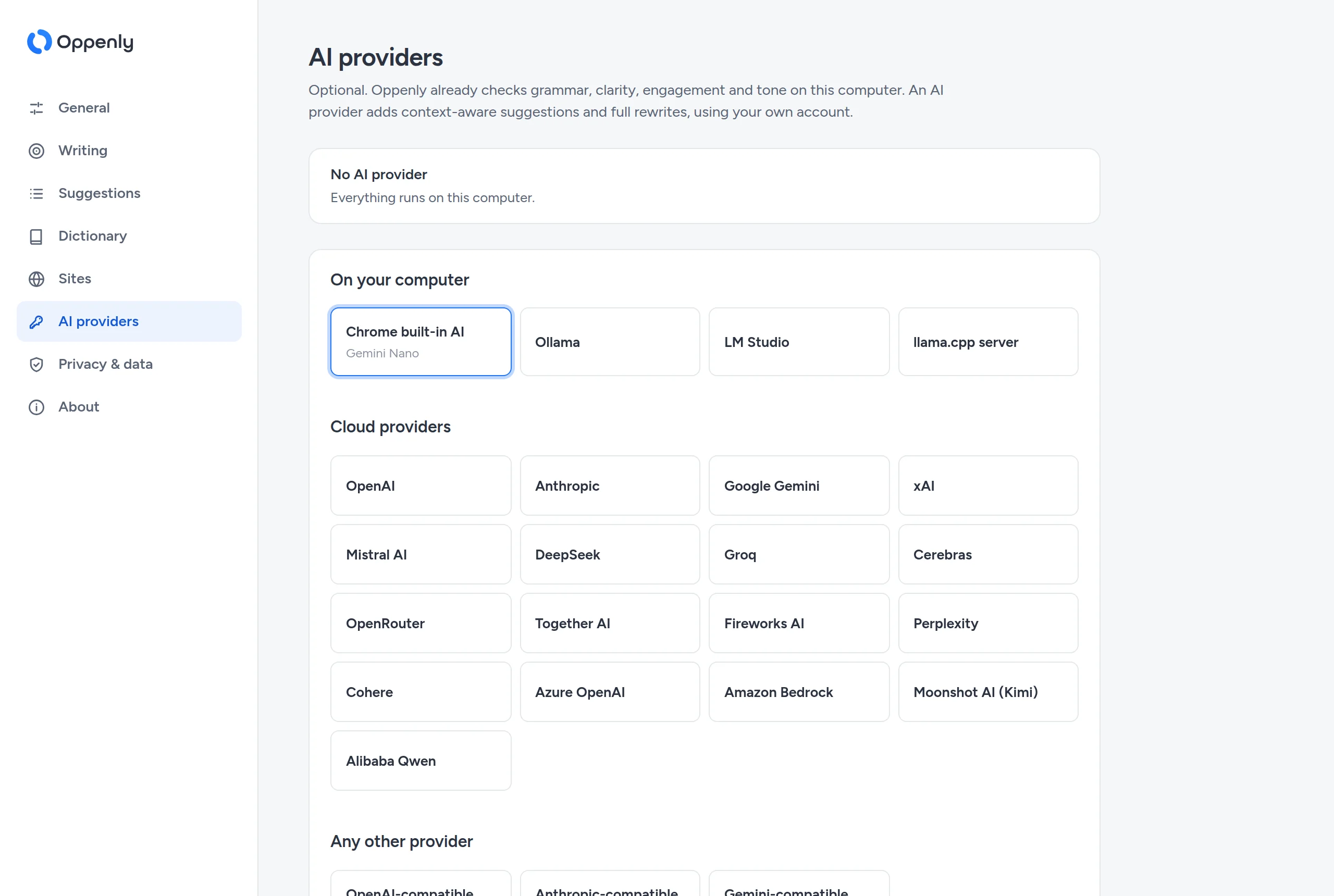 Oppenly’s AI provider settings with cards for local models, 17 cloud providers and custom servers.