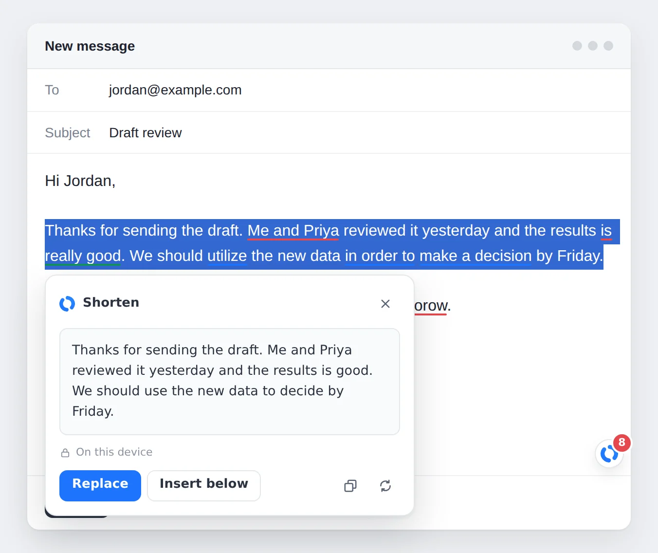 A selected paragraph with a Shorten popup showing a shorter version and Replace and Insert below buttons.