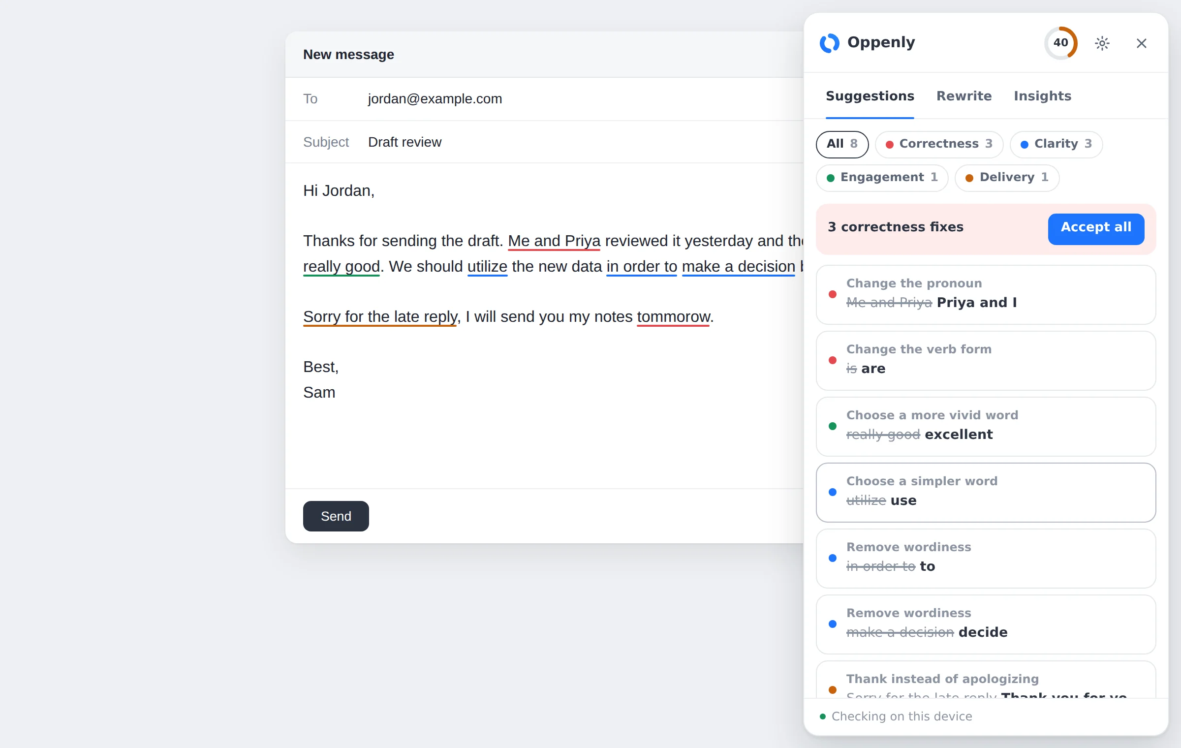 The Oppenly assistant panel listing eight suggestions next to an email draft, with an Accept all button for correctness fixes.