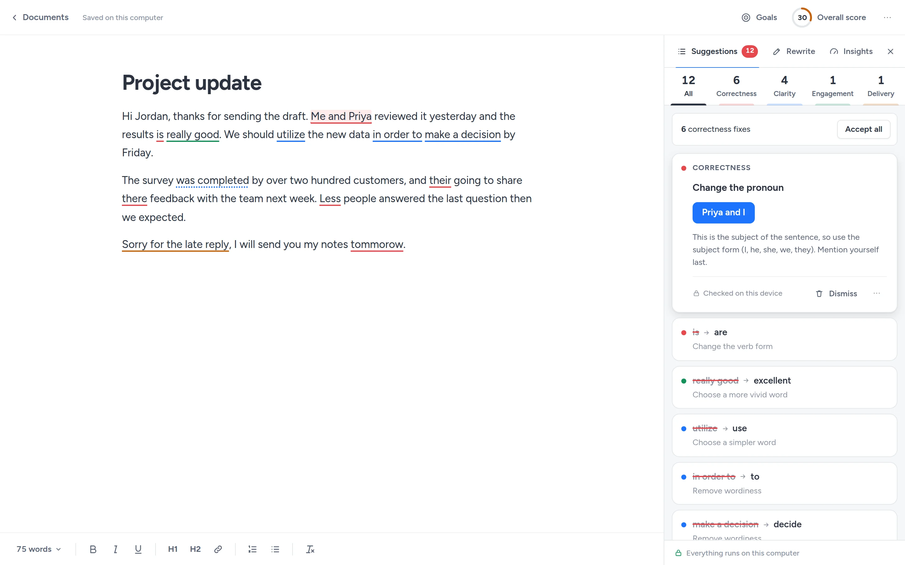 The Oppenly web app: a document with underlined suggestions and an assistant panel with category counts and an expanded suggestion card.