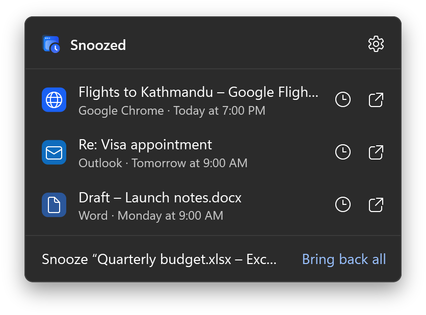 The list of snoozed windows, each with the app, the time it comes back, and buttons to change the time or bring it back now.
