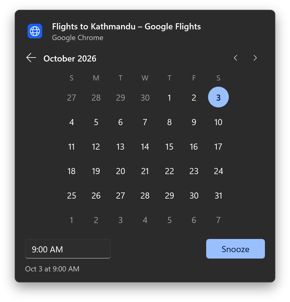 The date and time picker in the snooze panel.