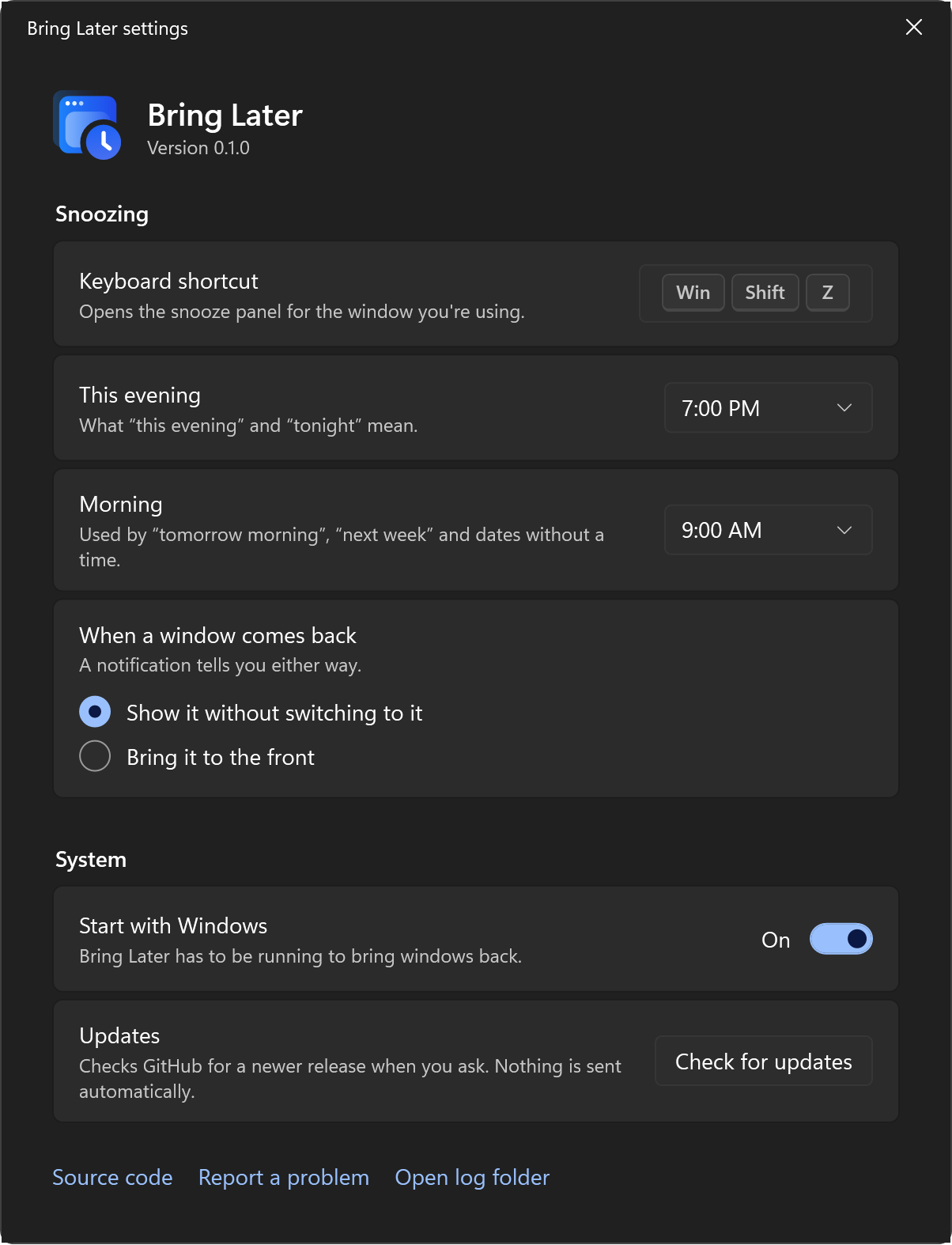 Bring Later settings: keyboard shortcut, this evening, morning, when a window comes back, start with Windows, and updates.
