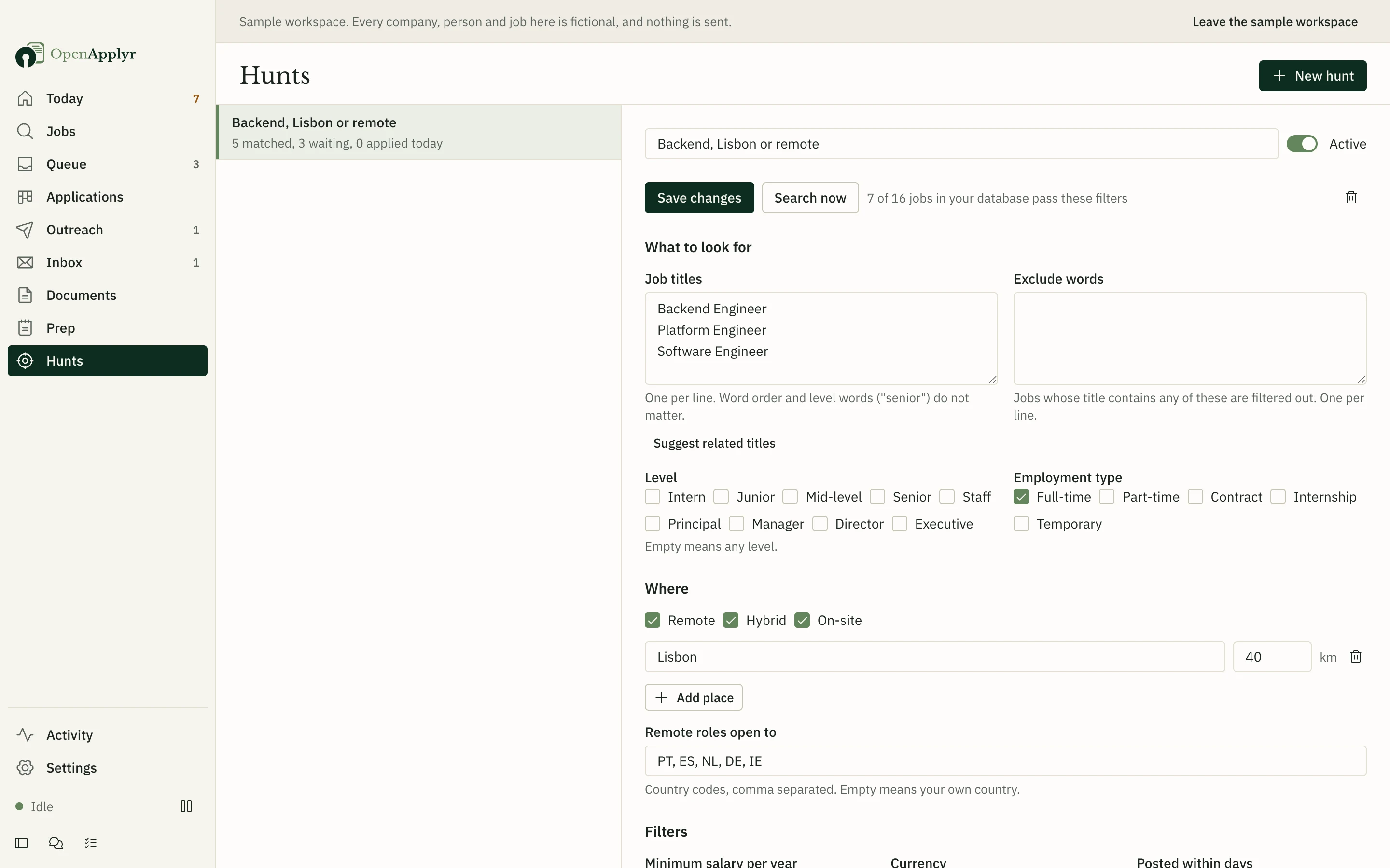 A hunt for backend and platform roles in Lisbon or remote, with job titles, levels, employment types and places, and a live count of matching jobs.