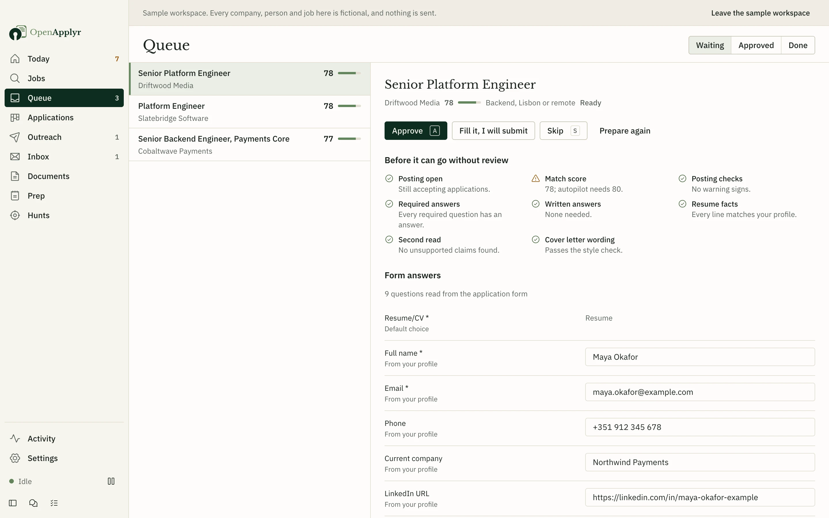 A package in the Queue with eight checks, one warning that the score is below the autopilot bar, and the form answers taken from the profile.