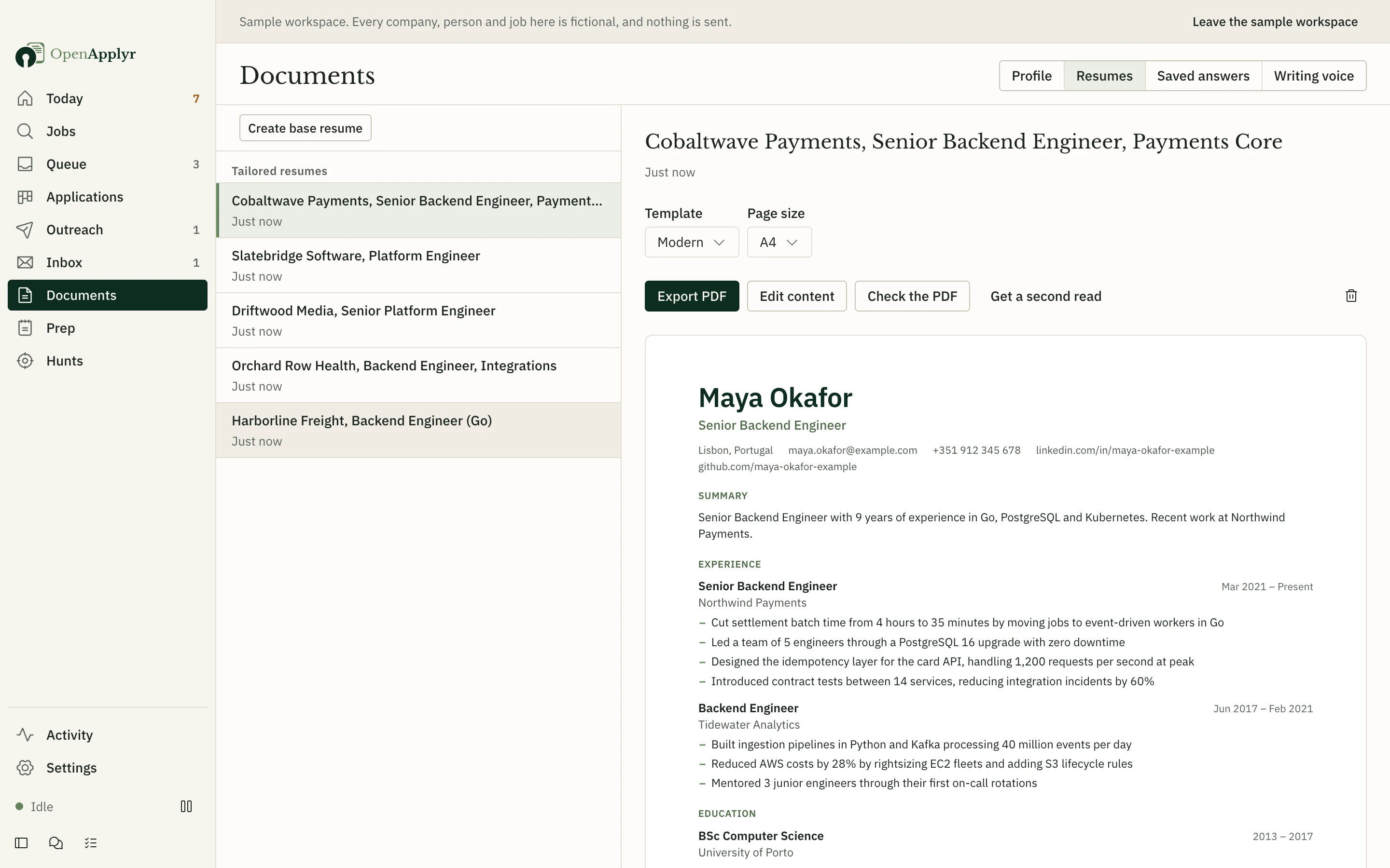 Documents: five tailored resumes, one open in the Modern template with export, edit and check options.