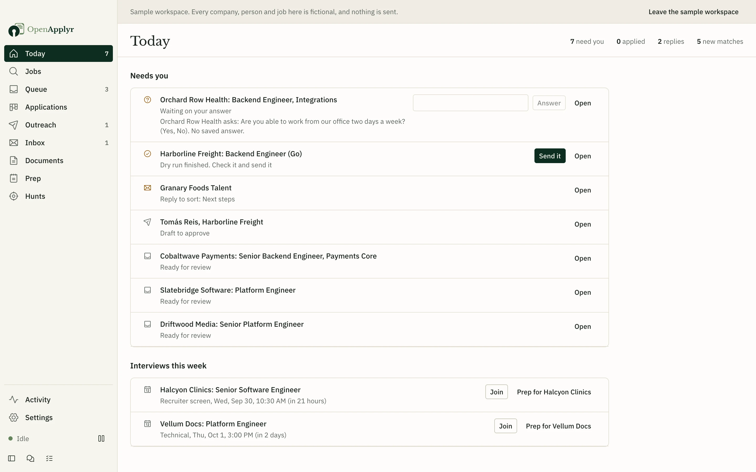 The Today screen lists what needs you: a question from a paused application, a finished dry run ready to send, a reply to sort, an outreach draft, three prepared applications, and this week's interviews.